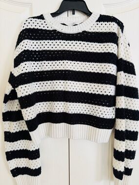 H&M Girls Black and White Open-Knit Striped Crewneck Sweater